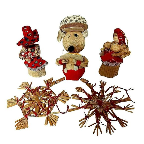 Folk Art Corn Husk Dolls Straw Snowflake Ornaments Primitive Country Christmas - Picture 1 of 8
